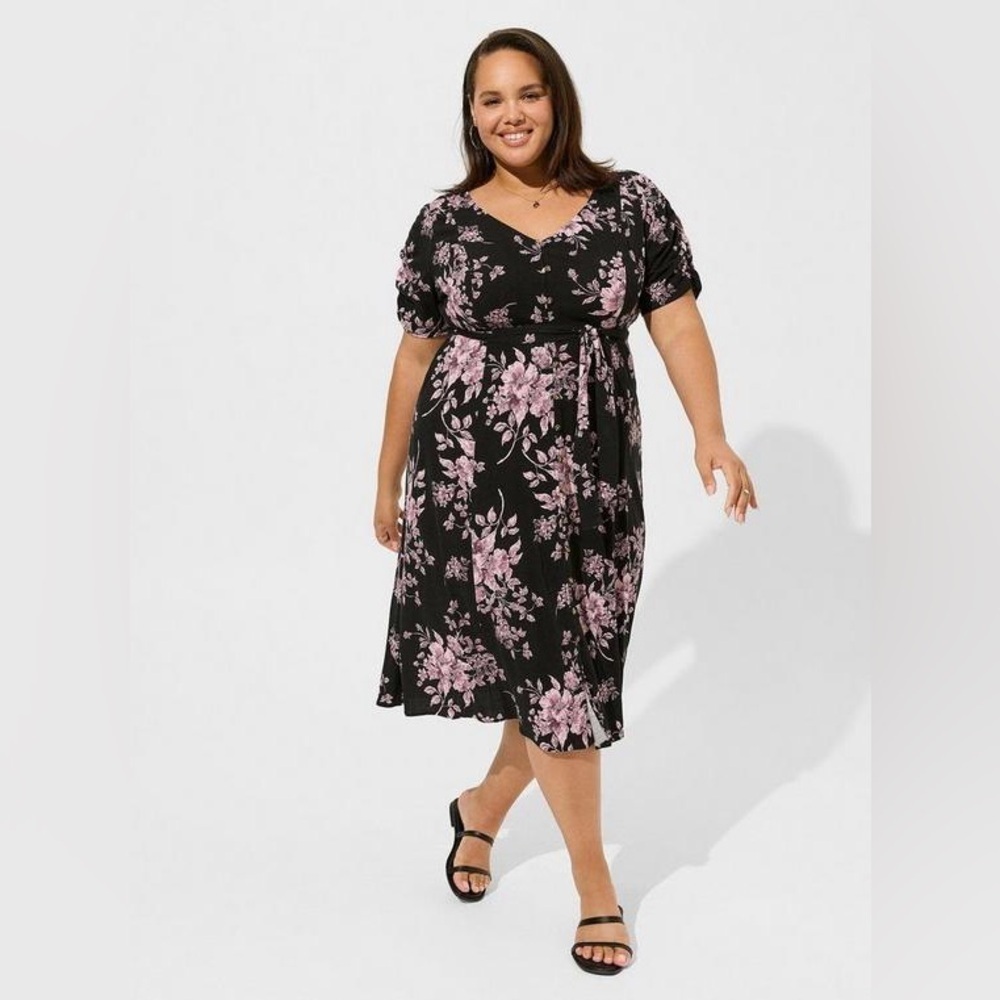 Torrid Dress Midi Rayon Slub Button Front Tie Black Pink Floral Plus Size 4X NEW